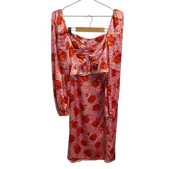 Topshop Rose Satin Maxi Skirt and Smocked Long Sleeve Top Set Size 8 NWT - Picture 1 of 8